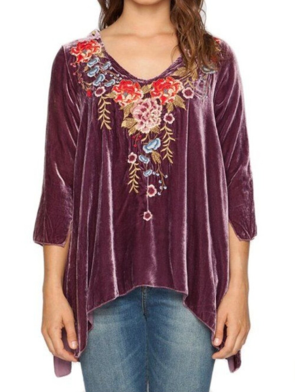 💐Rare Johnny Was Mulberry Mauve Silk/Velvet Tunic w/ Floral Embroidery Size XS